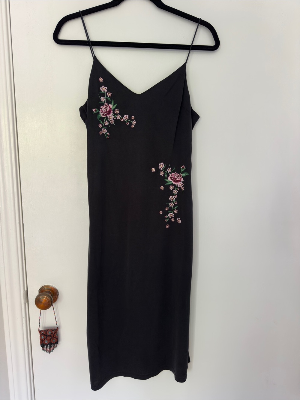 Topshop - Black Slip Dress with Pink Floral Embroidery - M